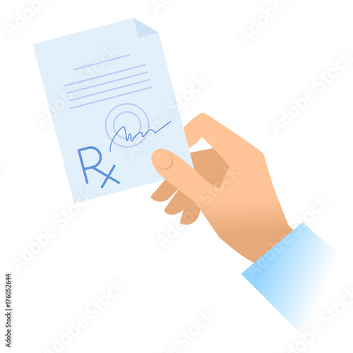 Human hand holds rx prescription. Flat illustration of doctor's hand holding pharmaceutical document. Medicine, medical exam and diagnosis concept. Vector design elements isolated on white background.