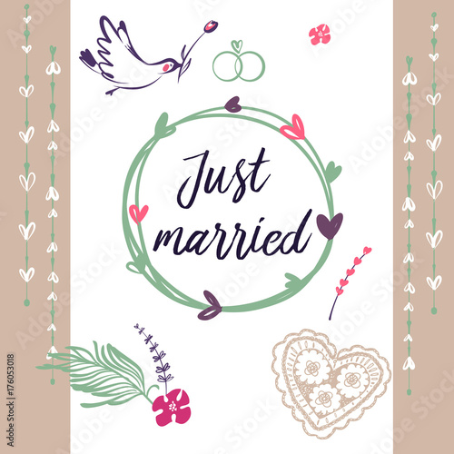 Hand drawn illustration  template postcard, banner, poster for just married. Bird with rose. Image for wedding agency, studio.