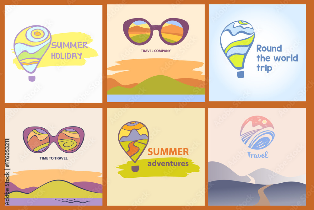 Freehand drawn concept image with text Summer vacation with children. Element design corporate identity, banner, poster, flyer for tourism business agency, operator, company
