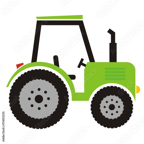 Green tractor with exhaust and seat, vector icon