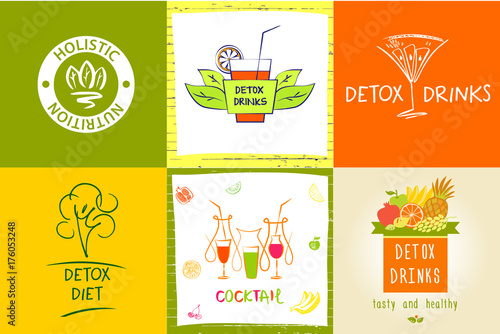 Set of vector logo detox water drink, diet and holistic nutritio