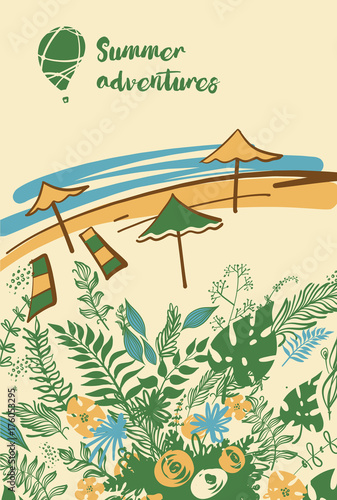 Freehand drawn concept image with text Summer vacation with children. Element design corporate identity, banner, poster, flyer for tourism business agency, operator, company