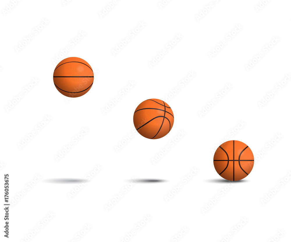 Basketball ball set. Falling basketball balls in different positions. Vector isolated realistic illustration.