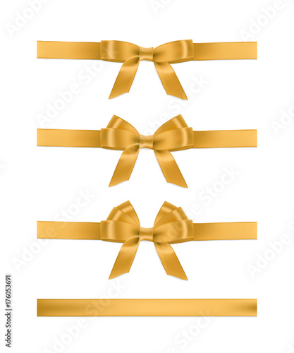 Vector realistic golden ribbons and bows. Set of holiday design elements.