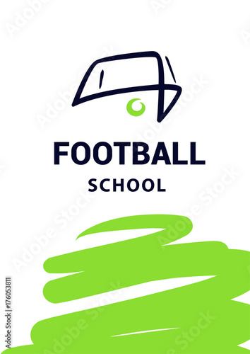 Sketch vector illustration. Element design poster, banner, card, logo, certificate template for football, soccer school, hobby. Ball in goal