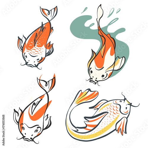 Carp Koi. Set of four image  fish. Template logo. Sketch vector