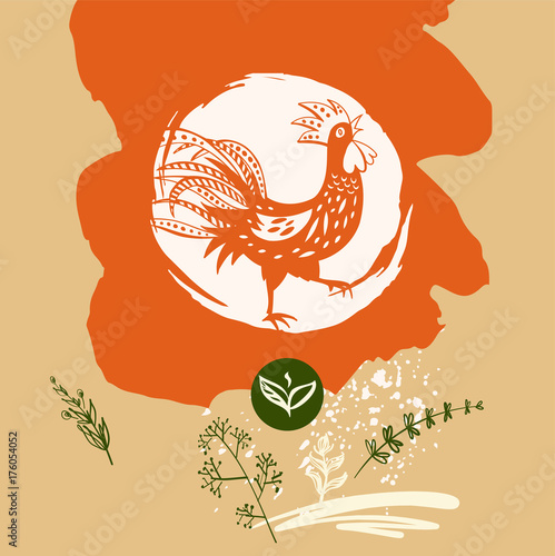 Freehand drawn sketch vector illustration. Silhouette white rooster on background. Template logo, image with chicken.