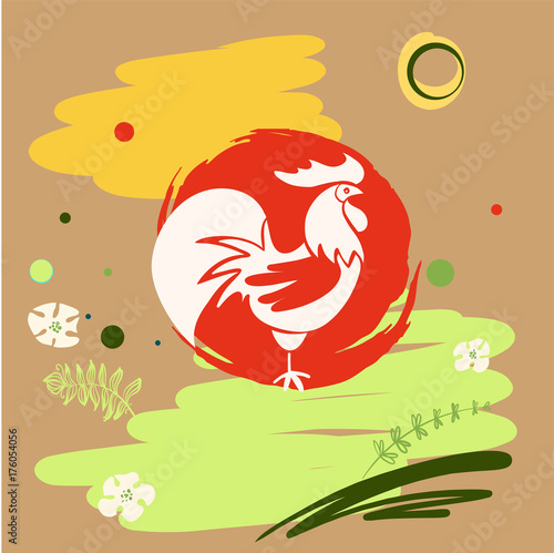 Freehand drawn sketch vector illustration. Silhouette white rooster on background. Template logo, image with chicken.