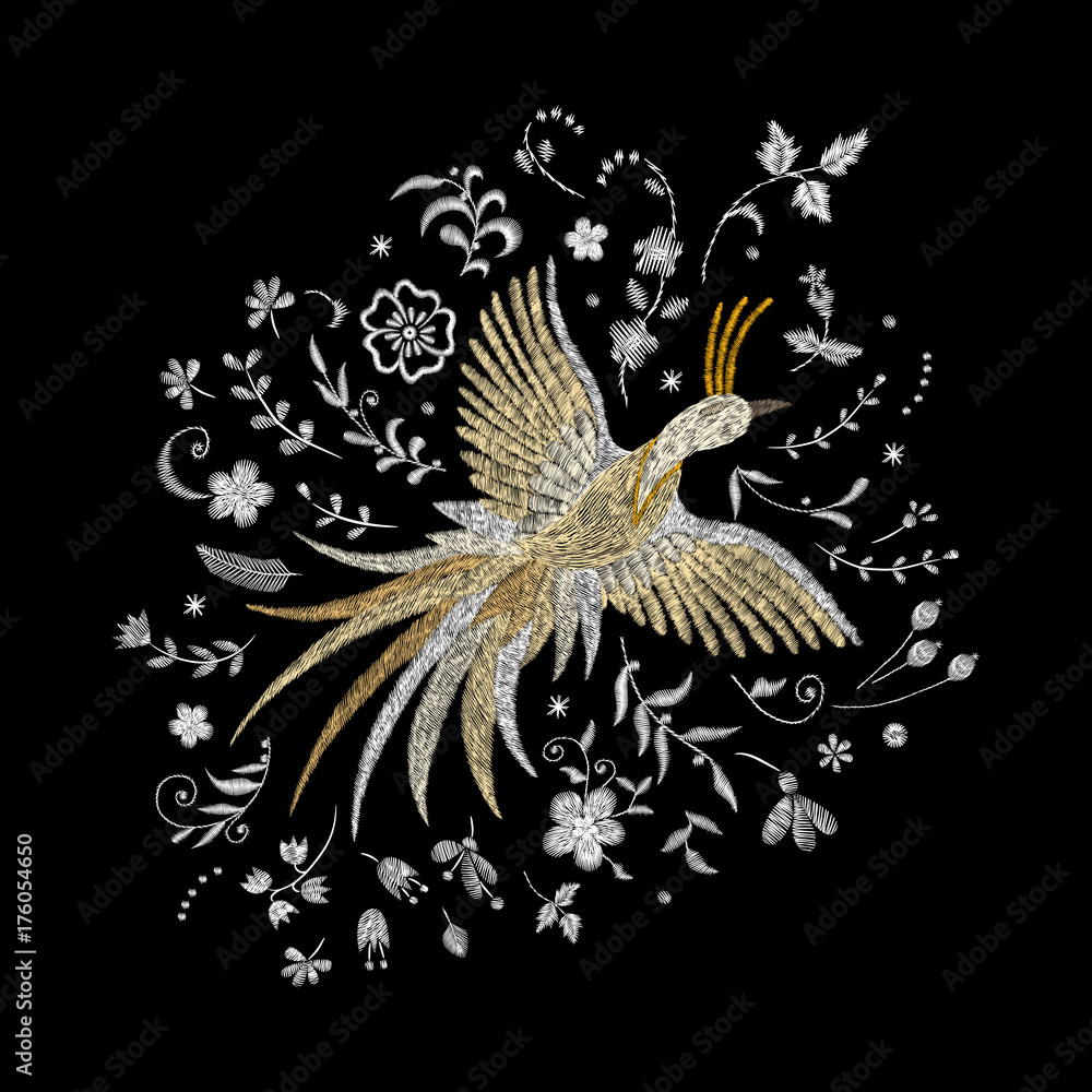 phoenix, firebird. white lace Traditional stylish fashionable embroidered  embroidery on a black background. sketch for printing on fabric, bag,  clothes, accessories and design. trend vector Stock Vector | Adobe Stock