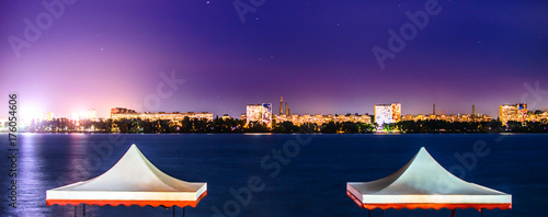 Night embankment of the city Dnepr.. Evening Lighting on the Dnieper River. Dnepropetrovsk, Dnipropetrovsk, Dnipro, Ukraine. photo