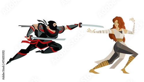 white ninja fighting a black ninja