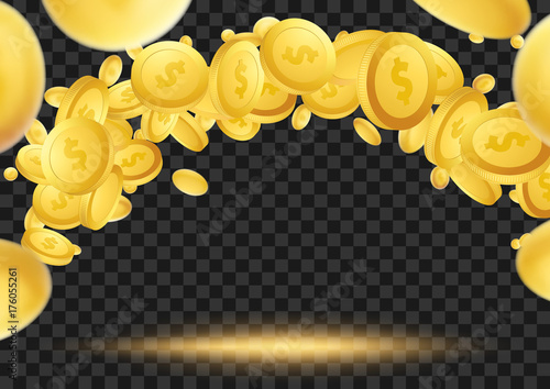 Flying golden coins over dark transparent background