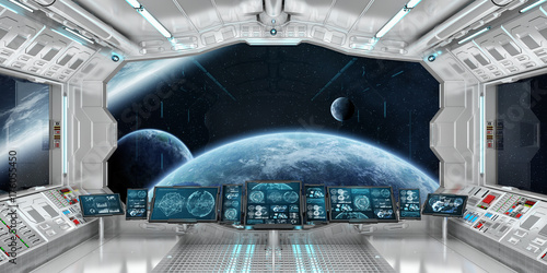Spaceship interior with view on distant planets system 3D rendering elements of this image furnished by NASA
