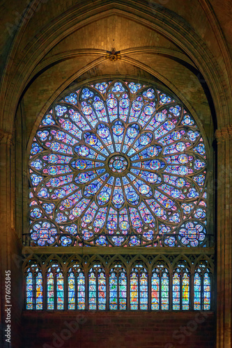 North Rose stained glass window inside Notre Dame de Paris cathedral