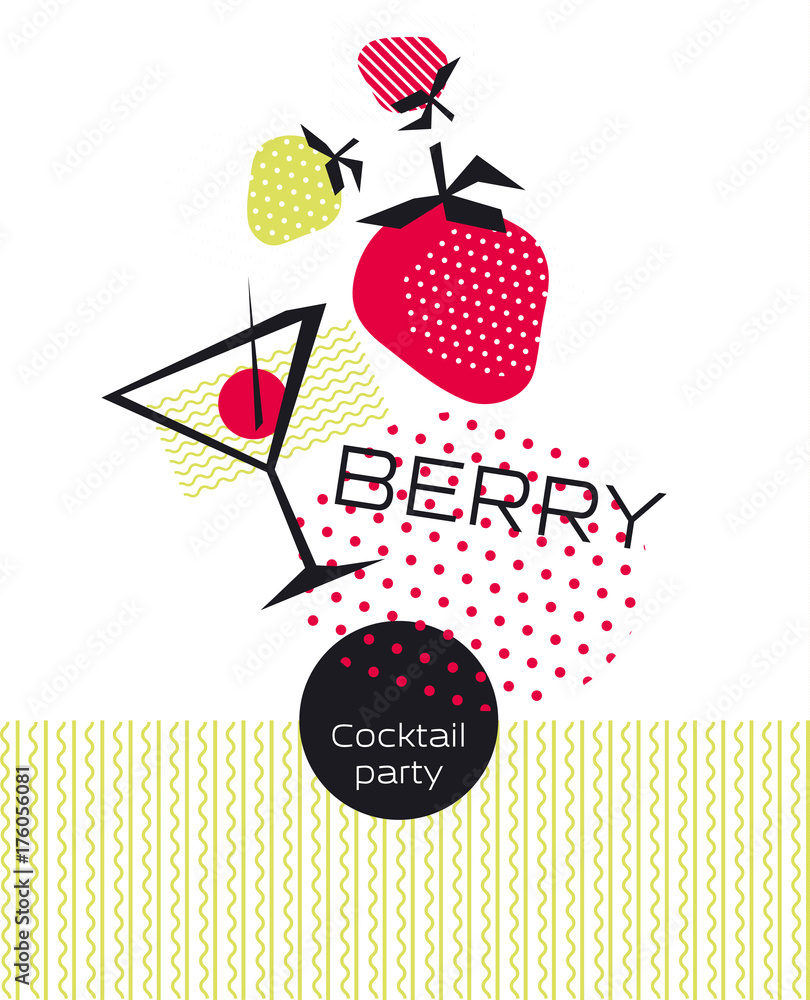 summer tropical cocktail party poster vector illustration. geometry modern style drink and berries elements