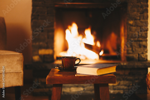 Cup of hot tea with a book in front of warm fireplace