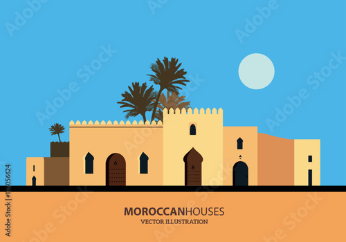 Mediterranean Moroccan or Arabic style houses set. Vector Illustration