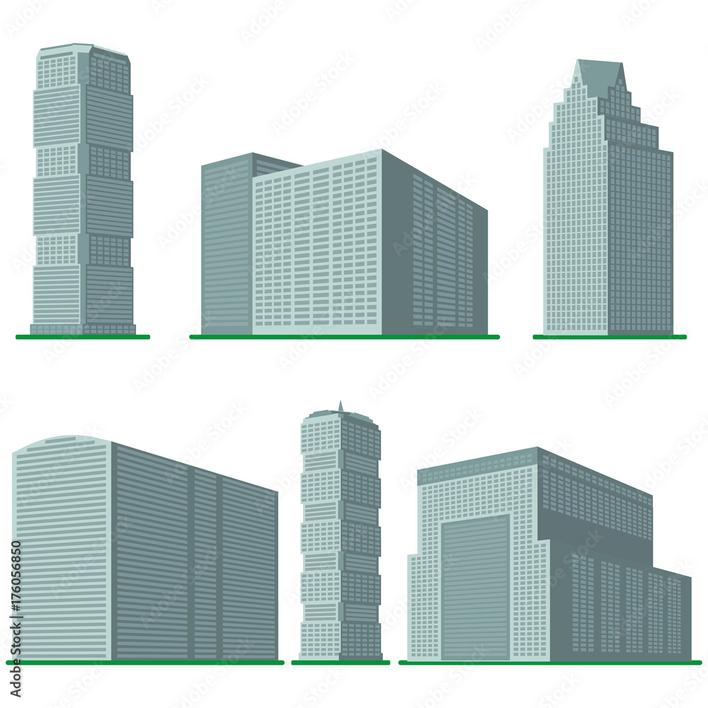 Set of six  modern high-rise building on a white background. View of the building from the bottom. Isometric vector illustration.
