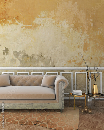 mock up classic interior with yellow plaster wall, white moldings on wall, beige sofa and brown carpet. 3d render
