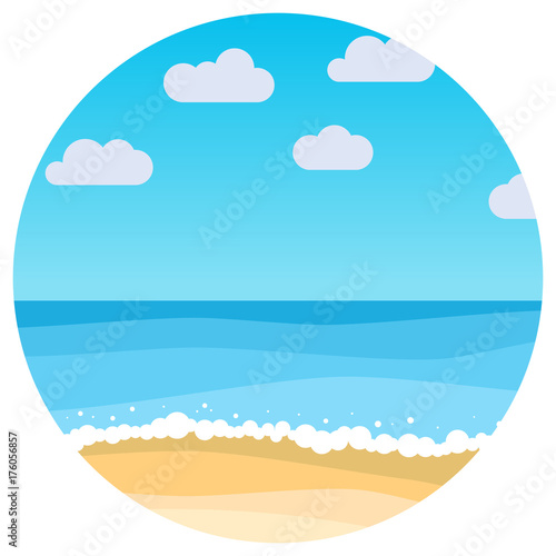 Vector landscape with summer beach in circle. Waves of the sandy beach, blue sky and sea. Landscape vector illustration.
