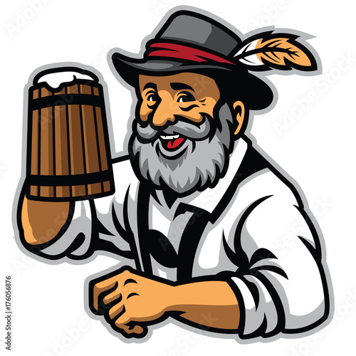 old man and wooden mug of beer