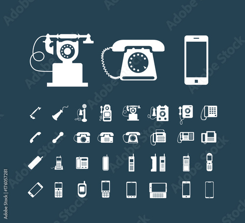Vector retro phone icon set , vintage white icons on dark