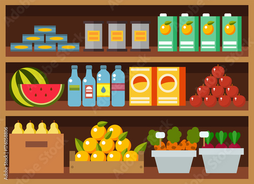 Vector flat design restaurant food shop facade storefront market building architecture showcase window illustration.