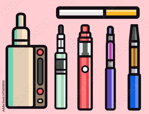 Vape device vector set cigarette vaporizer vapor juice bottle flavor illustration battery coil.