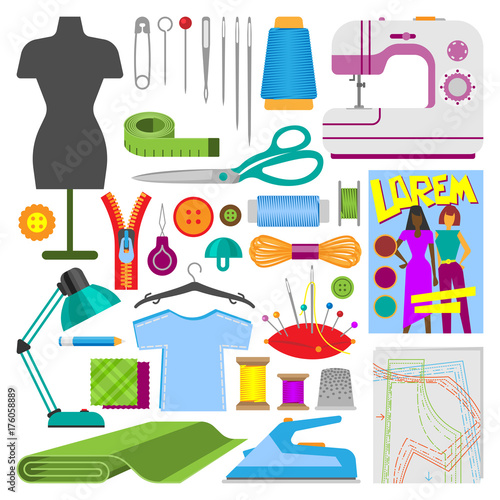 Hobby accessories sewing tools equipment needlework hobby vector illustration