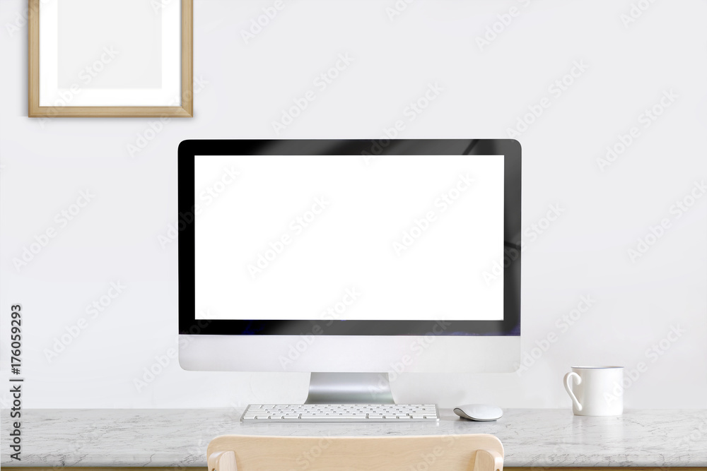 Fototapeta premium Workplace with modern desktop pc comfortable work table. Designer loft desk space concept. minimalist style.