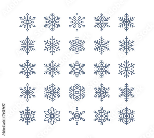 Snowflake flat icons set. Collection of cute geometric snowflakes, stylized snowfall. Design element for christmas or new year card, winter ornament. Frozen snow flakes silhouette on white background.