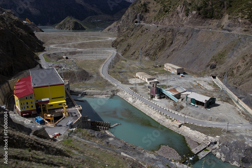 Technical facilities in reservoir of Zaramag. North Ossetia, Caucasus. Russia.