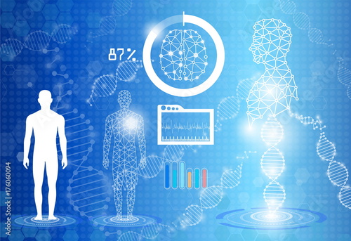 abstract background technology concept in blue light,human body heal, tests analysis clone defective DNA  human,global international medical and technology modern medical science in future  