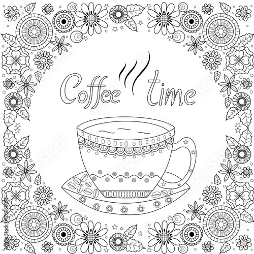 Coloring book page of coffee cup for adult.vector illustration.Hand drawn.