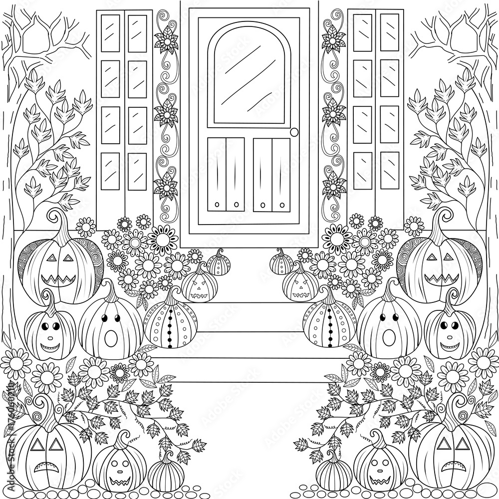 Coloring book page of halloween pumpkin house for adult and children