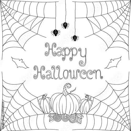 Coloring book page of halloween festival with pumpkin,spider and bat for adult.vector illustration.hand drawn.