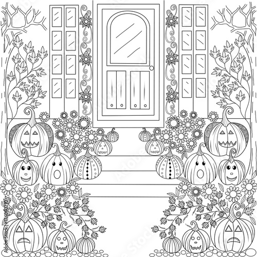 Coloring book page of halloween pumpkin house for adult and children.vector illustration.Hand drawn.