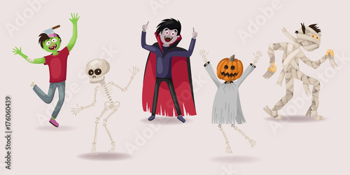 halloween set. dancing. zombie, ghost, skeleton, vampire, pumpkin, monsters, vector