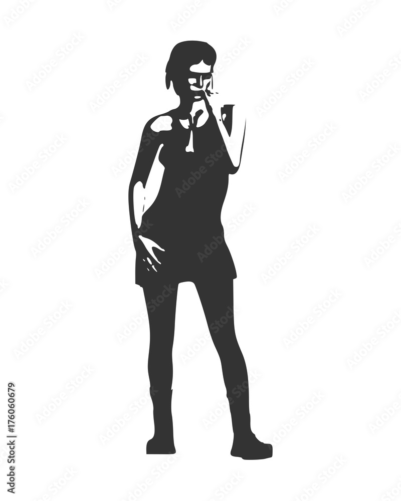 Posing business woman wearing the short dress. Black and white silhouette Posing business woman wearing the short dress. Black and white silhouette