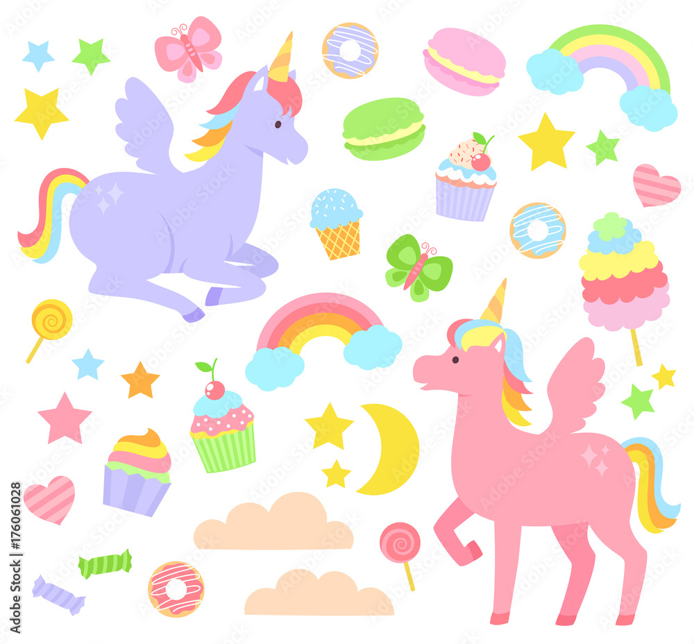 Set of unicorns, rainbows, cupcakes and other cute items Set of unicorns, rainbows, cupcakes and other cute items