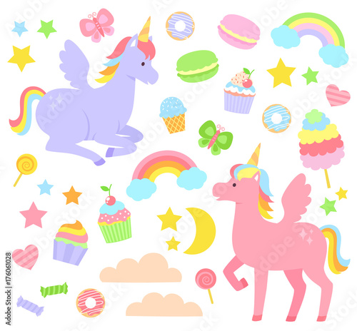 Set of unicorns, rainbows, cupcakes and other cute items