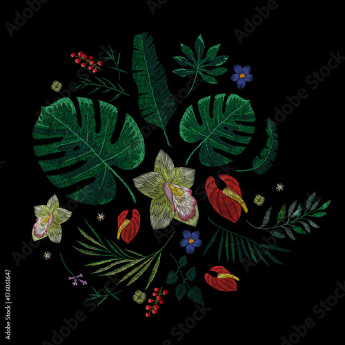 Tropical flowers, palm and flamingo. Traditional stylish flowery embroidery stitch on a black background. Sketch for printing on fabric, clothing, bag, accessories and design. Vector, trend