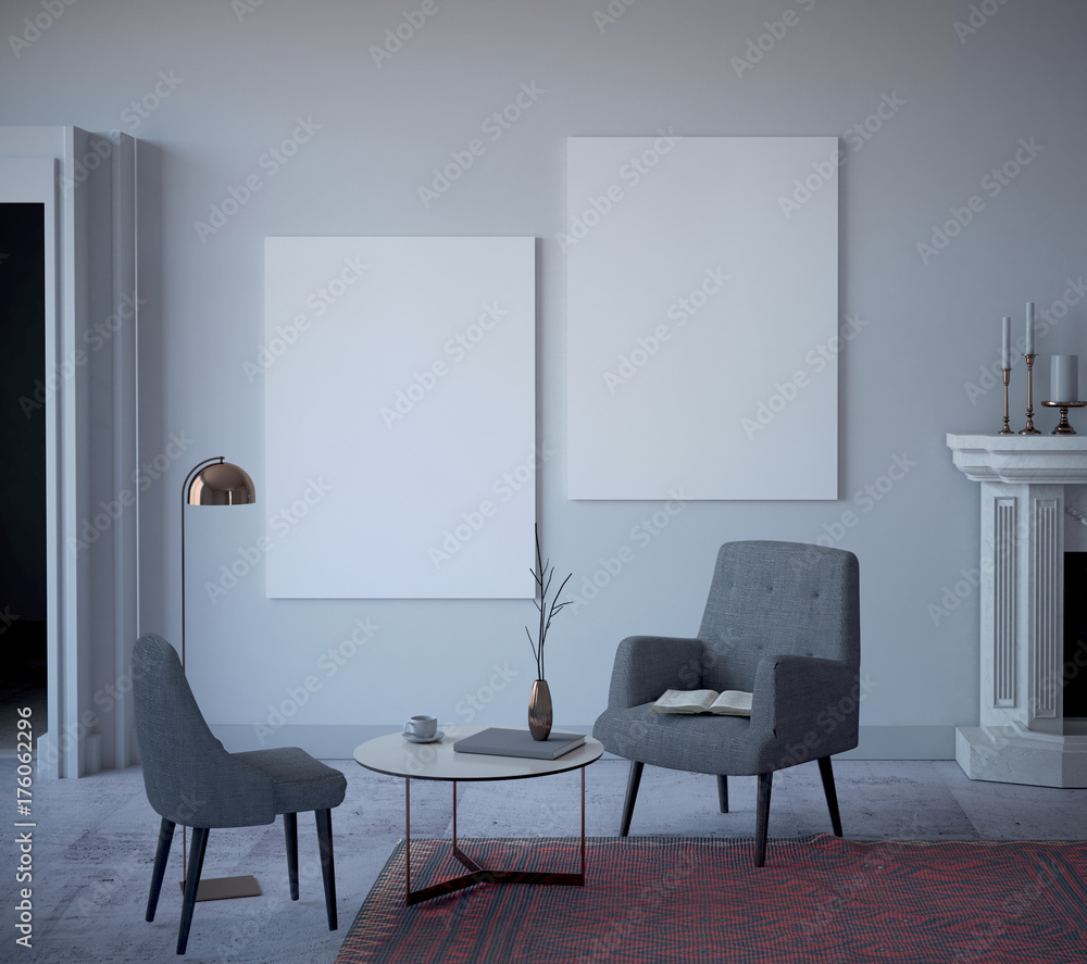 Fototapeta premium mock up poster in classy loft interior background, contemporary living. 3D rendering