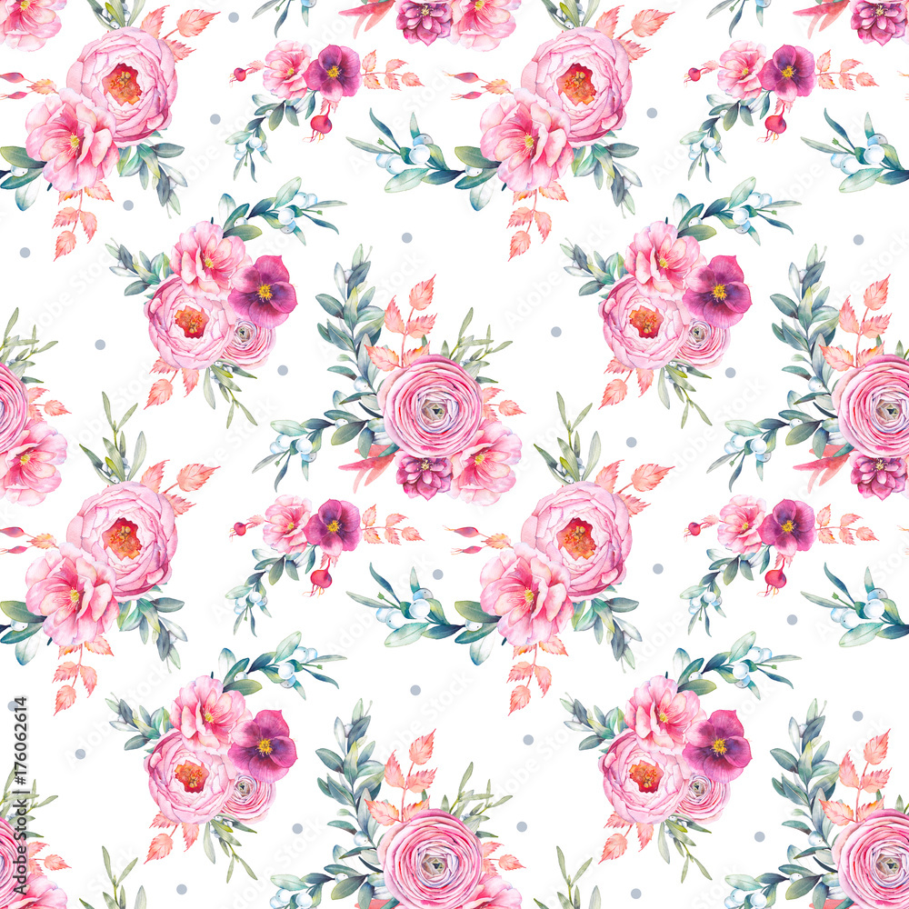 Watercolor seamless pattern with peonies flowers, snowberry, mistletoe and eucalyptus leaves. Hand painted repeating background with floral elements, peony, roses, ranunculus flowers.