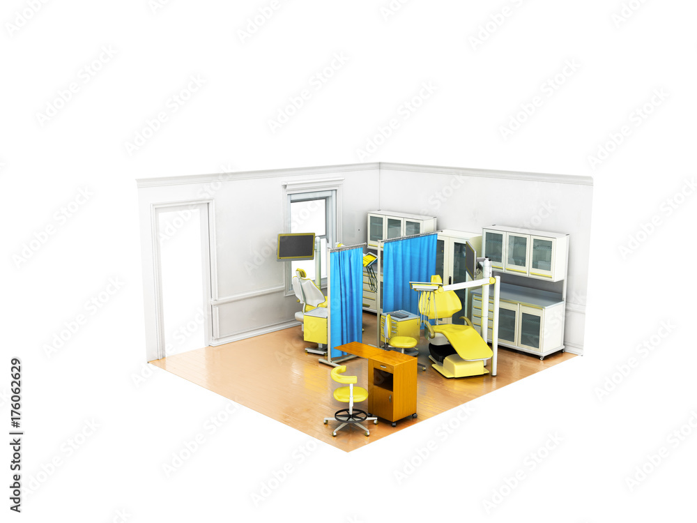 Fototapeta premium Isometric dental surgery yellow design nightstands with medicines 3D render on white background no shadow