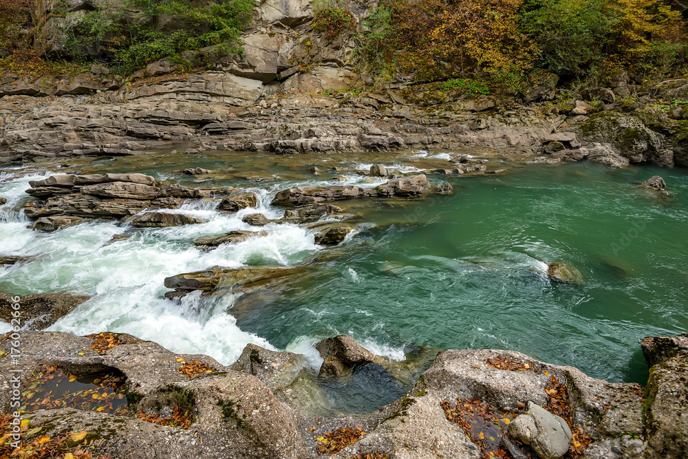 Fall landscape with mountain river and forest Fall landscape with mountain river and forest