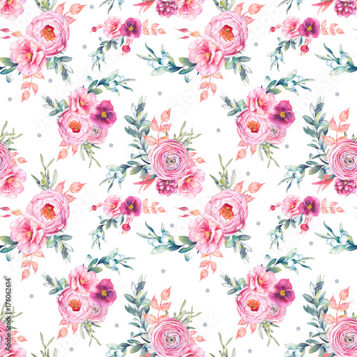 Fototapeta Naklejka Na Ścianę i Meble -  Watercolor seamless pattern with peonies flowers, snowberry, mistletoe and eucalyptus leaves. Hand painted repeating background with floral elements, peony, roses, ranunculus flowers.