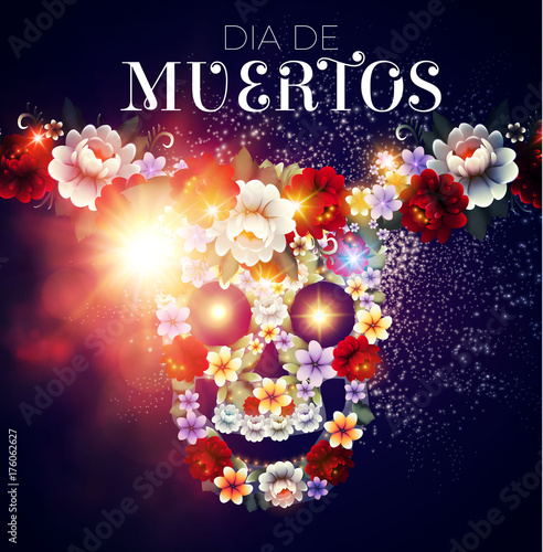 Day of the Dead Background with Traditional Mexican Scull with Flowers and Light Effects. Dia de los Muertos.Vector illustration