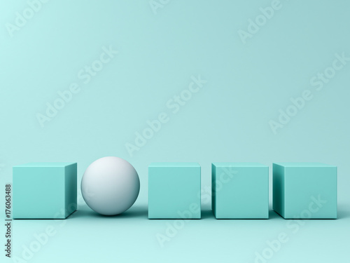Stand out from the crowd and different creative idea concepts , One white sphere standing among green square boxes on light green pastel color background in the row with shadows . 3D rendering. photo