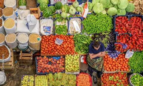 Top view of popular Melike Hatun Bazaar or kadinlar pazari(Women Bazaar) that is a traditional Turkish grocery bazaar where people buy Vegetables, fruits and spices in Konya,Turkey.28 August 2017